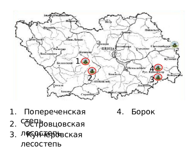 1 4 2 3 1. Попереченская степь 4. Борок 2. Островцовская лесостепь 3. Кунчеровская лесостепь 