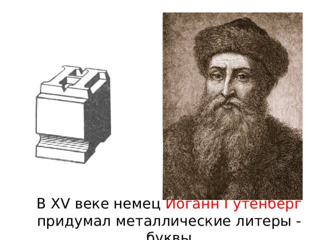 В XV веке немец Иоганн Гутенберг придумал металлические литеры - буквы 