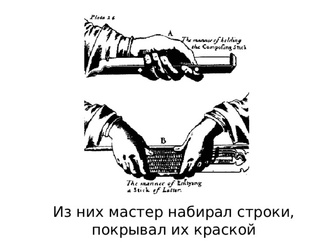 Из них мастер набирал строки, покрывал их краской 
