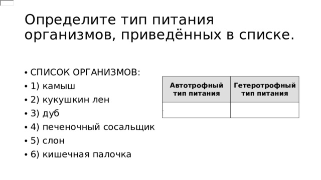 Список организмов. Определите Тип питания организмов. Определите Тип питания организмов приведённых в списке. Определите Тип питания организмов приведённых в перечне. Кукушкин лен Тип питания автотрофный или гетеротрофный.