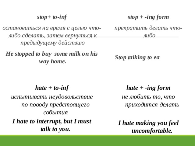 stop+ to-inf stop + -ing form прекратить делать что-либо остановиться на время с целью что-либо сделать, затем вернуться к предыдущему действию He stopped to buy some milk on his way home.  Stop talking to ea ch other, please!  hate + -ing form hate + to-inf не любить то, что приходится делать испытывать неудовольствие по поводу предстоящего события I hate to interrupt, but I must talk to you.   I hate making you feel uncomfortable.   