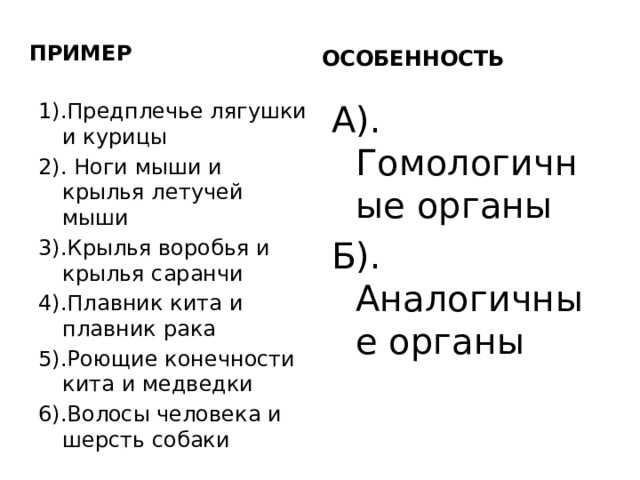 ПРИМЕР ОСОБЕННОСТЬ 1).Предплечье лягушки и курицы А). Гомологичные органы 2). Ноги мыши и крылья летучей мыши Б). Аналогичные органы 3).Крылья воробья и крылья саранчи 4).Плавник кита и плавник рака 5).Роющие конечности кита и медведки 6).Волосы человека и шерсть собаки 