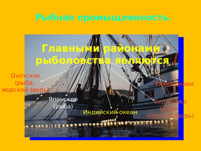 Рыбная промыщленность. Главными районами  рыболовства являются Охотское (рыба, морской зверь) Тихий океан Японское (рыба) Берингово (рыба, морской зверь) Индийский океан 
