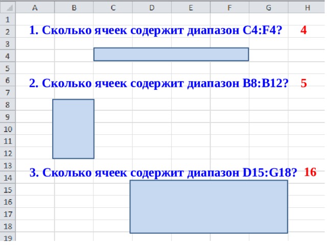 1. Сколько ячеек содержит диапазон C4:F4? 4 2. Сколько ячеек содержит диапазон B8:B12? 5 16 3. Сколько ячеек содержит диапазон D15:G18?  