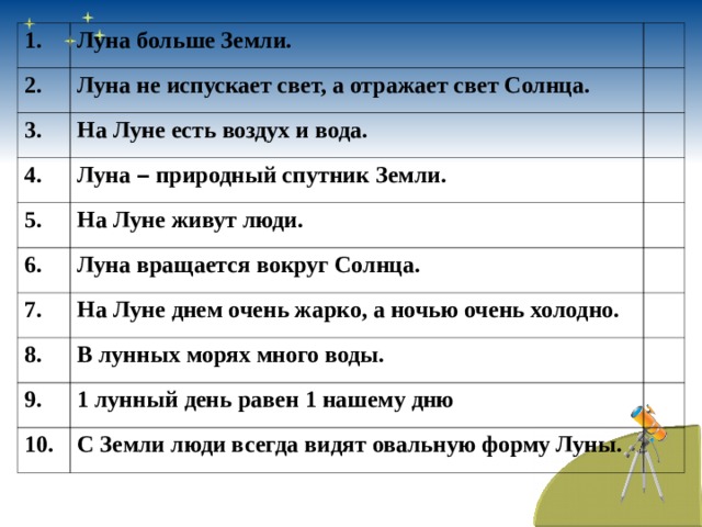 1. Луна больше Земли. 2. Луна не испускает свет, а отражает свет Солнца. 3. На Луне есть воздух и вода. 4. Луна – природный спутник Земли. 5. 6. На Луне живут люди. Луна вращается вокруг Солнца. 7. На Луне днем очень жарко, а ночью очень холодно. 8. В лунных морях много воды. 9. 1 лунный день равен 1 нашему дню 10. С Земли люди всегда видят овальную форму Луны. 