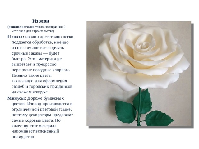  РОСТОВЫЕ ЦВЕТЫ. МАТЕРИАЛЫ Изолон ( пенополиэтилен теплоизоляционный материал для строительства) Плюсы:  изолон достаточно легко поддается обработке, именно из него лучше всего делать срочные заказы — будет быстро. Этот материал не выцветает и прекрасно переносит погодные капризы. Именно такие цветы заказывают для оформления свадеб и городских праздников на свежем воздухе. Минусы:  Дороже бумажных цветов. Изолон производится в ограниченной цветовой гамме, поэтому декораторы предложат самые ходовые цвета. По качеству этот материал напоминает вспененный полиуретан.  
