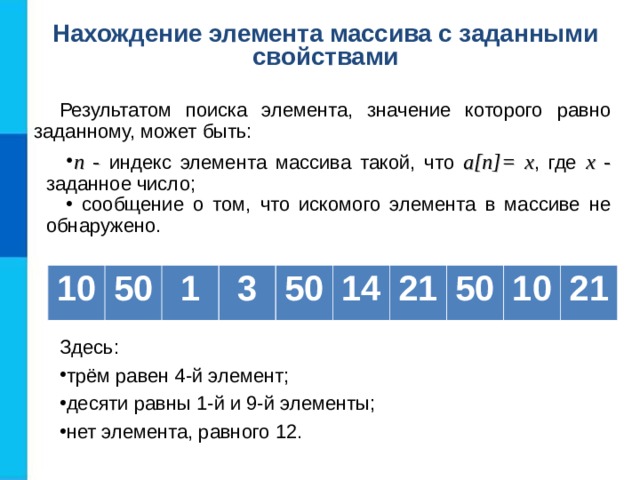 Нахождение элемента массива с заданными свойствами Результатом поиска элемента, значение которого равно заданному, может быть: n - индекс элемента массива такой, что a[n]= x , где х - заданное число;  сообщение о том, что искомого элемента в массиве не обнаружено. 10 50 1 3 50 14 21 50 10 21 Здесь: трём равен 4-й элемент; десяти равны 1-й и 9-й элементы; нет элемента, равного 12. 