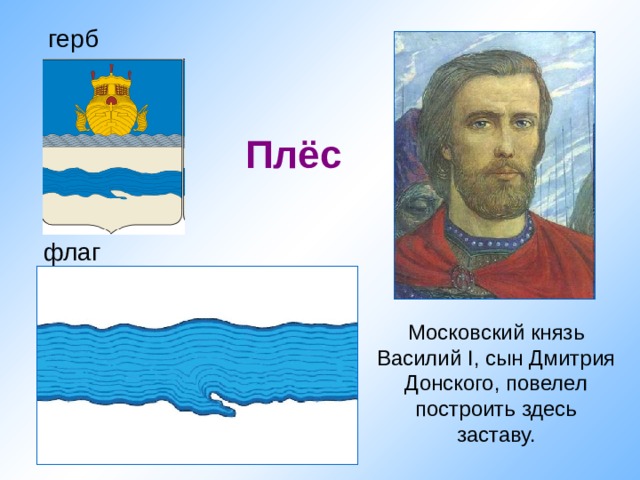 герб Плёс флаг Московский князь Василий I, сын Дмитрия Донского, повелел построить здесь заставу. 