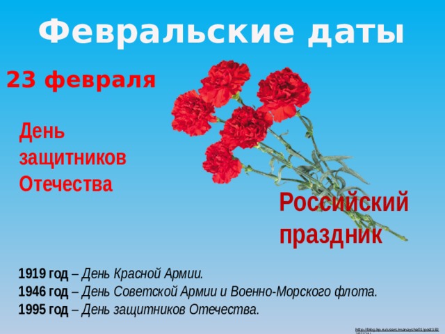 Февральские даты 23 февраля День защитников Отечества Российский праздник 1919 год – День Красной Армии. 1946 год – День Советской Армии и Военно-Морского флота. 1995 год – День защитников Отечества. http://blog.kp.ru/users/manaysha01/post182797125/  