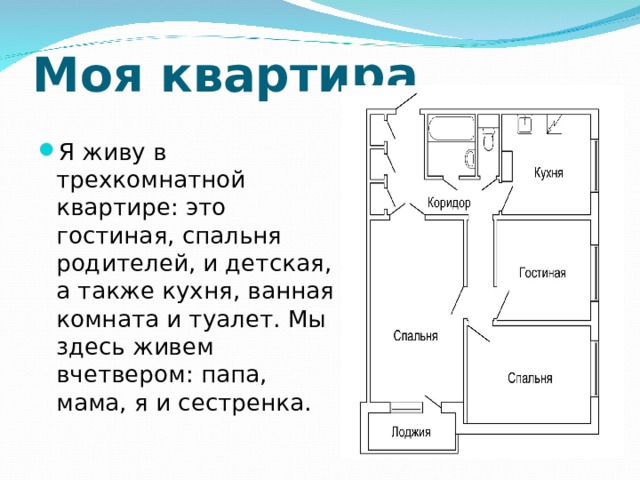 Моя квартира Я живу в трехкомнатной квартире: это гостиная, спальня родителей, и детская, а также кухня, ванная комната и туалет. Мы здесь живем вчетвером: папа, мама, я и сестренка. 