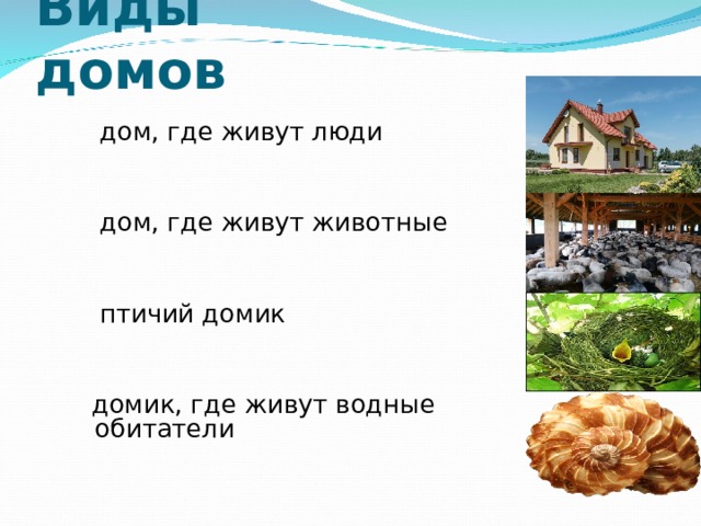 Виды домов  дом, где живут люди  дом, где живут животные  птичий домик  домик, где живут водные обитатели 