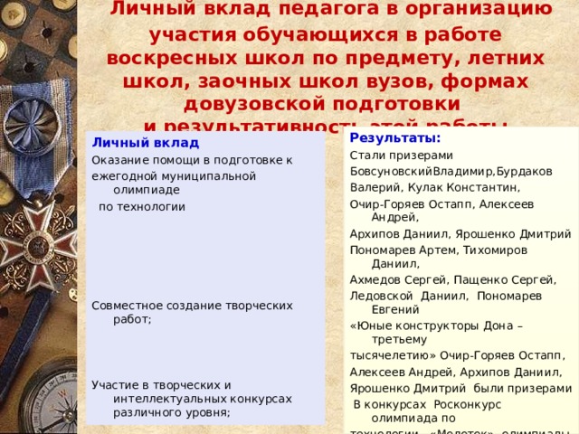  Личный вклад педагога в организацию участия обучающихся в работе воскресных школ по предмету, летних школ, заочных школ вузов, формах довузовской подготовки  и результативность этой работы   Результаты: Стали призерами БовсуновскийВладимир,Бурдаков Валерий, Кулак Константин, Очир-Горяев Остапп, Алексеев Андрей, Архипов Даниил, Ярошенко Дмитрий Пономарев Артем, Тихомиров Даниил, Ахмедов Сергей, Пащенко Сергей, Ледовской Даниил, Пономарев Евгений «Юные конструкторы Дона – третьему тысячелетию» Очир-Горяев Остапп, Алексеев Андрей, Архипов Даниил, Ярошенко Дмитрий были призерами  В конкурсах Росконкурс олимпиада по технологии , «Молоток», олимпиады по технологии «Мега Талант» и «Инфоурок,»,« Знанио» ученики становились лауреатами и призерами. Личный вклад Оказание помощи в подготовке к ежегодной муниципальной олимпиаде  по технологии Совместное создание творческих работ; Участие в творческих и интеллектуальных конкурсах различного уровня; 