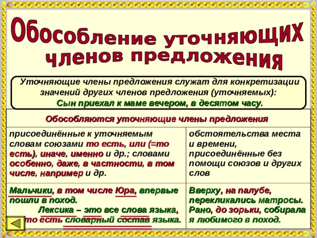 Уточняющие члены предложения служат для конкретизации значений других членов предложения (уточняемых):   Сын приехал к маме вечером, в десятом часу. Обособляются уточняющие члены предложения  присоединённые к уточняемым словам союзами то есть , или (=то есть) , иначе , именно и др.; словами особенно , даже , в частности , в том числе , например и др. Мальчики ,  в том числе Юра, впервые пошли в поход.  Лексика – это все слова языка ,    то есть словарный состав языка. обстоятельства места и времени, присоединённые без помощи союзов и других слов Вверху ,  на палубе, перекликались матросы.  Рано ,  до зорьки, собирала я любимого в поход. 