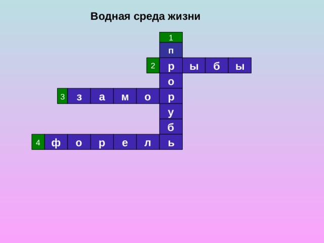 Водная среда жизни 1 п р 2 ы б ы о 3 м а з о р у б е р о ф 4 л ь 