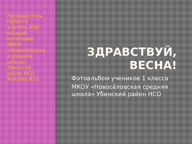 Здравствуй, весна! Руководитель проекта учитель ИЗО высшей категории МКОУ «Новосёловская средняя школа» Убинский район НСО Азизова И.О. Фотоальбом учеников 1 класса МКОУ «Новосёловская средняя школа» Убинский район НСО 