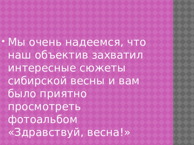 Мы очень надеемся, что наш объектив захватил интересные сюжеты сибирской весны и вам было приятно просмотреть фотоальбом «Здравствуй, весна!» 