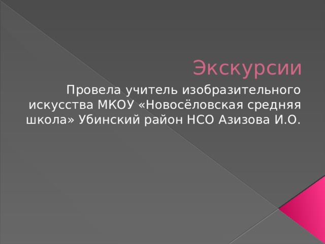 Экскурсии Провела учитель изобразительного искусства МКОУ «Новосёловская средняя школа» Убинский район НСО Азизова И.О. 