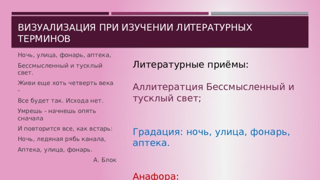 Визуализация при изучении литературных терминов Ночь, улица, фонарь, аптека, Бессмысленный и тусклый свет. Живи еще хоть четверть века - Все будет так. Исхода нет. Умрешь - начнешь опять сначала И повторится все, как встарь: Ночь, ледяная рябь канала, Аптека, улица, фонарь. А. Блок Литературные приёмы: Аллитератция Бессмысленный и тусклый свет; Градация: ночь, улица, фонарь, аптека. Анафора: Используя литературное произведение легче запоминаються и лит.приёмы, происходит их осознание.  