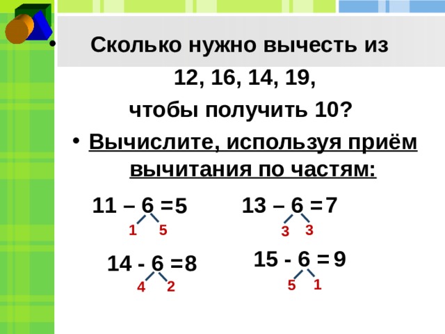  Сколько нужно вычесть из 12, 16, 14, 19,  чтобы получить 10? Вычислите, используя приём вычитания по частям:  13 – 6 =  7 11 – 6 = 5 3 1 5 3 9 15 - 6 =  8 14 - 6 = 1 5 2 4 