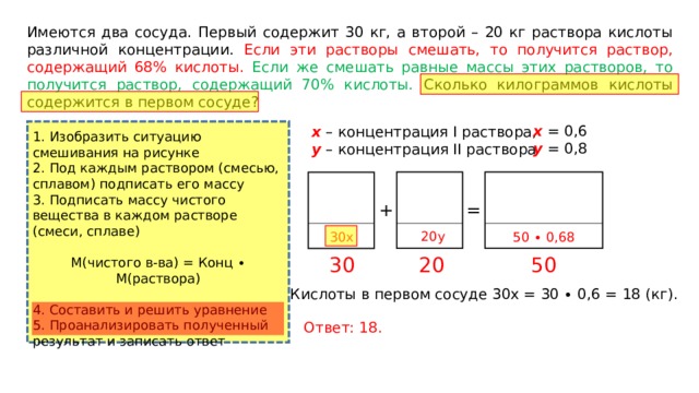 Имеются два сосуда. Первый содержит 30 кг, а второй – 20 кг раствора кислоты различной концентрации. Если эти растворы смешать, то получится раствор, содержащий 68% кислоты.  Если же смешать равные массы этих растворов, то получится раствор, содержащий 70% кислоты. Сколько килограммов кислоты содержится в первом сосуде? x = 0,6 y = 0,8 x – концентрация I раствора, y – концентрация II раствора 1. Изобразить ситуацию смешивания на рисунке 2. Под каждым раствором (смесью, сплавом) подписать его массу 3. Подписать массу чистого вещества в каждом растворе (смеси, сплаве) М(чистого в-ва) = Конц ∙ М(раствора) 4. Составить и решить уравнение 5. Проанализировать полученный результат и записать ответ = + 20y 30x 50 ∙ 0,68 50 20 30 Кислоты в первом сосуде 30х = 30 ∙ 0,6 = 18 (кг). Ответ: 18. 