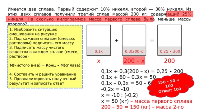 150 – 50 = 100 Ответ: 100 Имеется два сплава. Первый содержит 10% никеля, второй — 30% никеля. Из этих двух сплавов получили третий сплав массой 200 кг, содержащий 25% никеля. На сколько килограммов масса первого сплава была меньше массы второго? 1. Изобразить ситуацию смешивания на рисунке 2. Под каждым сплавом (смесью, раствором) подписать его массу 3. Подписать массу чистого вещества в каждом сплаве (смеси, растворе) М(чистого в-ва) = Конц ∙ М(сплава) 4. Составить и решить уравнение 5. Проанализировать полученный результат и записать ответ = + 0,25 ∙ 200 0,3(200-x) 0,1x 200 – x 200 x 0,1х + 0,3(200 – x) = 0,25 ∙ 200 0,1x + 60 – 0,3x = 50 0,1x – 0,3x = 50 – 60 -0,2x = -10 x = -10 : (-0,2) x = 50 (кг) – масса первого сплава 200 – 50 = 150 (кг) – масса 2-го сплава 