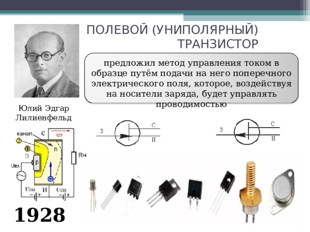 ПОЛЕВОЙ (УНИПОЛЯРНЫЙ)  ТРАНЗИСТОР предложил метод управления током в образце путём подачи на него поперечного электрического поля, которое, воздействуя на носители заряда, будет управлять проводимостью Юлий Эдгар Лилиенфельд 1928 