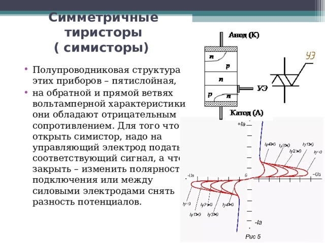 Симметричные тиристоры ( симисторы)  Полупроводниковая структура этих приборов – пятислойная, на обратной и прямой ветвях вольтамперной характеристики они обладают отрицательным сопротивлением. Для того чтобы открыть симистор, надо на управляющий электрод подать соответствующий сигнал, а чтобы закрыть – изменить полярность подключения или между силовыми электродами снять разность потенциалов. 