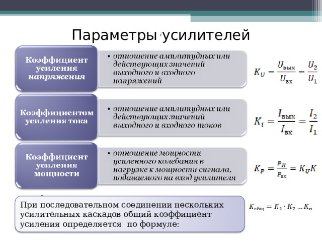 Параметры усилителей i .  При последовательном соединении нескольких усилительных каскадов общий коэффициент усиления определяется  по формуле:  