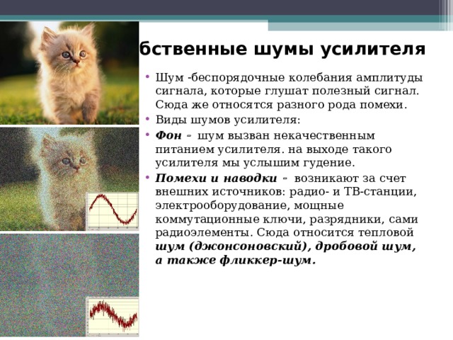 Собственные шумы усилителя Шум  беспорядочные колебания амплитуды сигнала, которые глушат полезный сигнал. Сюда же относятся разного рода помехи. Виды шумов усилителя: Фон   шум вызван некачественным питанием усилителя. на выходе такого усилителя мы услышим гудение. Помехи и наводки   возникают за счет внешних источников: радио- и ТВ-станции, электрооборудование, мощные коммутационные ключи, разрядники, сами радиоэлементы. Сюда относится тепловой шум (джонсоновский), дробовой шум, а также фликкер-шум.  