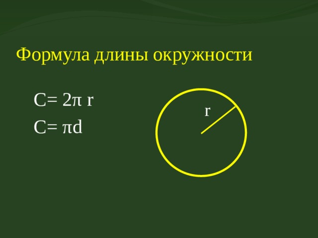 Формула длины окружности  C= 2π r  C= πd r 