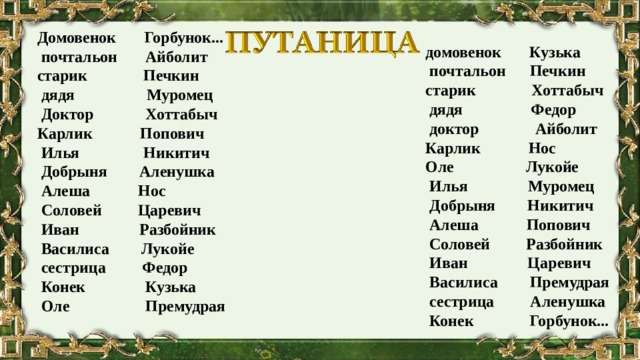 Домовенок Горбунок...   почтальон Айболит старик Печкин  дядя Муромец  Доктор Хоттабыч Карлик Попович  Илья Никитич  Добрыня Аленушка  Алеша Нос  Соловей Царевич  Иван Разбойник  Василиса Лукойе  сестрица Федор  Конек Кузька  Оле Премудрая    домовенок Кузька  почтальон Печкин старик Хоттабыч  дядя Федор  доктор Айболит Карлик Нос Оле Лукойе  Илья Муромец  Добрыня Никитич  Алеша Попович  Соловей Разбойник  Иван Царевич  Василиса Премудрая  сестрица Аленушка  Конек Горбунок...   