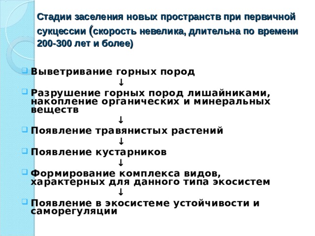 Стадии заселения новых пространств при первичной сукцессии ( скорость невелика, длительна по времени 200-300 лет и более) Выветривание горных пород  ↓ Разрушение горных пород лишайниками, накопление органических и минеральных веществ ↓ Появление травянистых растений  ↓ Появление кустарников ↓ Формирование комплекса видов, характерных для данного типа экосистем ↓ Появление в экосистеме устойчивости и саморегуляции   