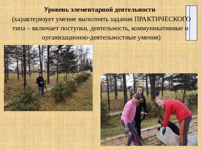 Уровень элементарной деятельности  (характеризует умение выполнять задания ПРАКТИЧЕСКОГО типа – включает поступки, деятельность, коммуникативные и организационно-деятельностные умения) 