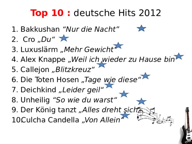 Top 10 : deutsche Hits 2012   Bakkushan “Nur die Nacht”  Cro „Du“ Luxuslärm „Mehr Gewicht“ Alex Knappe „Weil ich wieder zu Hause bin“ Callejon „Blitzkreuz“ Die Toten Hosen „Tage wie diese“ Deichkind „Leider geil“ Unheilig “So wie du warst“ Der König tanzt „Alles dreht sich“ Culcha Candella „Von Allein“ 