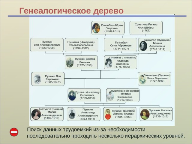 Генеалогическое дерево Поиск данных трудоемкий из-за необходимости последовательно проходить несколько иерархических уровней.   