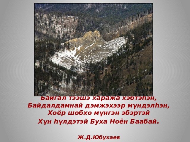 Байгал тээшэ хаража хэбтэhэн,  Байдалдамнай дэмжэхээр мγндэлhэн,  Хоёр шобхо мγнгэн эбэртэй  Хγн hγлдэтэй Буха Ноён Баабай .   Ж.Д.Юбухаев   
