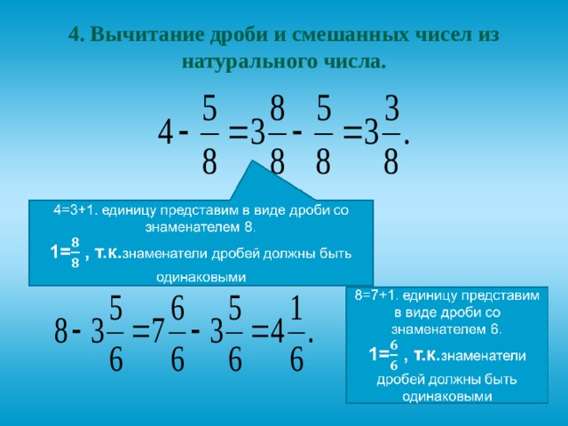 4. Вычитание дроби и смешанных чисел из натурального числа. 