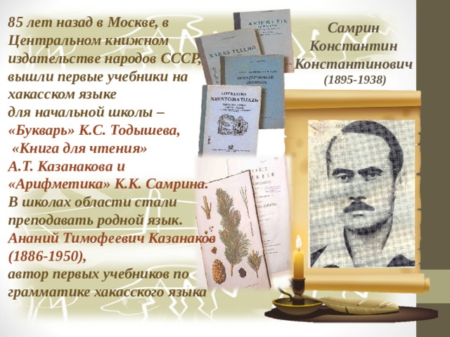 85 лет назад в Москве, в Центральном книжном издательстве народов СССР, вышли первые учебники на хакасском языке для начальной школы – «Букварь» К.С. Тодышева,  «Книга для чтения» А.Т. Казанакова и «Арифметика» К.К. Самрина. В школах области стали преподавать родной язык. Ананий Тимофеевич Казанаков (1886-1950), автор первых учебников по грамматике хакасского языка   Самрин Константин Константинович (1895-1938) 