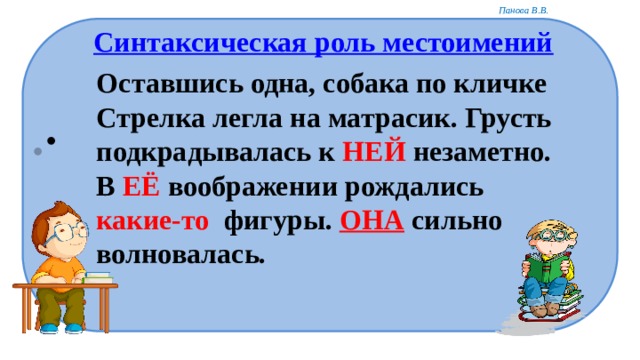 Синтаксическая роль местоимений Оставшись одна, собака по кличке Стрелка легла на матрасик. Грусть подкрадывалась к НЕЙ незаметно. В ЕЁ воображении рождались какие-то  фигуры. ОНА сильно волновалась.  