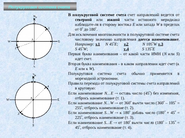 Полукруговая система счета  В полукруговой системе счета счет направлений ведется от северной или южной части истинного меридиана наблюдате-ля в сторону востока Е или запада W в пределах от 0  до 180  . Для исключения многозначности в полукруговой системе счета числовому значению направления дается наименование . Например: т.1  N 45  E ;  т.2  N 105  W т .3  S 45  W ;   т .4  S 135  E Первая буква наименования – от какой части ИМН ( N или S ) идет счет. Вторая буква наименования – в каком направлении идет счет (к Е или к W ). Полукруговая система счета обычно применяется в мореходной астрономии. Правила перехода от полукруговой системы счета направлений в круговую: Если наименование N…E   оставь число (45  ) без изменения, отбрось наименование (т. 1). Если наименование N…W   от 360  вычти число (360  – 105  = 255  , отбрось наименование (т. 2). Если наименование S…W   к 180  добавь число (180  + 45  = 225  , отбрось наименование (т. 3). Если наименование S…Е   от 180  вычти число (180  – 135  = 45  , отбрось наименование (т. 4). 
