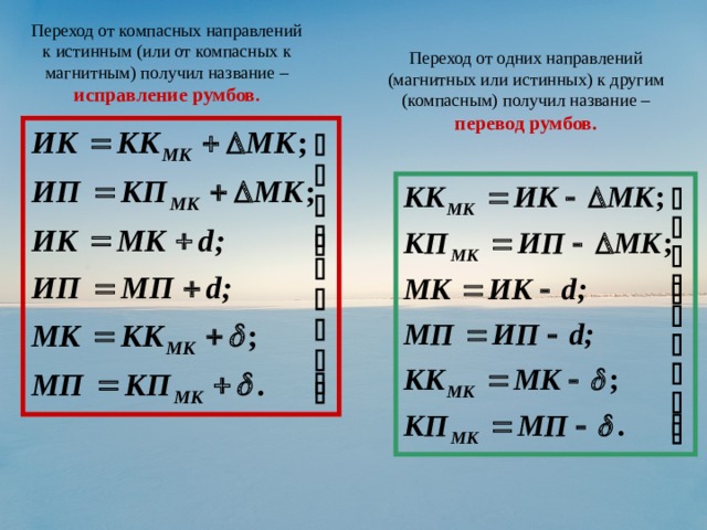 Переход от компасных направлений к истинным (или от компасных к магнитным) получил название – исправление румбов . Переход от одних направлений (магнитных или истинных) к другим (компасным) получил название – перевод румбов. 