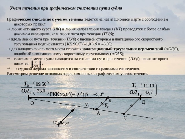 Учет течения при графическом счислении пути судна  Графическое счисление с учетом течения ведется на навигационной карте с соблюдением некоторых правил:   линия истинного курса ( ИК ) и линия направления течения ( КТ ) проводятся с более слабым нажимом карандаша, чем линия пути при течении ( ПУ  );   вдоль линии пути при течении ( ПУ  ) с внешней стороны навигационного скоростного треугольника подписывается [ КК 96,0  (–1,0  )  = –5,0  ];   для каждого счислимого места строится навигационный треугольник перемещений (  ОДС ), подобный навигационному скоростному треугольнику (  ОАБ ); счислимое место судна находится на его линии пути при течении ( ПУ  ), около которого пишется ;   судовой журнал заполняется в соответствии с правилами его ведения. Рассмотрим решение основных задач, связанных с графическим учетом течения. 