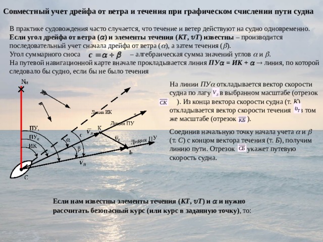 Совместный учет дрейфа от ветра и течения при графическом счислении пути судна В практике судовождения часто случается, что течение и ветер действуют на судно одновременно. Если угол дрейфа от ветра (  ) и элементы течения ( КТ ,   Т ) известны – производится последовательный учет сначала дрейфа от ветра (  ), а затем течения (  ). Угол суммарного сноса – алгебраическая сумма значений углов  и  . На путевой навигационной карте вначале прокладывается линия ПУ  = ИК +    линия, по которой следовало бы судно, если бы не было течения На линии ПУ  откладывается вектор скорости судна по лагу в выбранном масштабе (отрезок ). Из конца вектора скорости судна (т. К ) откладывается вектор скорости течения в том же масштабе (отрезок ). Соединив начальную точку начала учета  и  (т. С ) с концом вектора течения (т. Б ), получим линию пути. Отрезок укажет путевую скорость судна. Если нам известны элементы течения ( КТ ,   Т ) и  и нужно рассчитать безопасный курс (или курс в заданную точку) , то:  