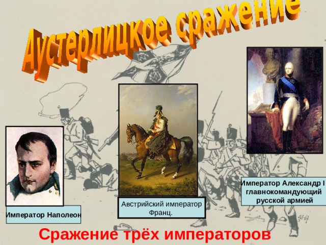 Император Александр I - главнокомандующий русской армией Австрийский император Франц. Император Наполеон Сражение трёх императоров 