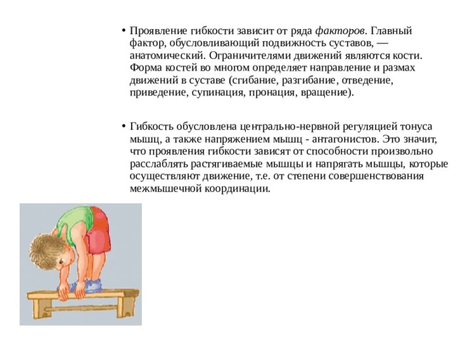 Проявление гибкости зависит от ряда факторов . Главный фактор, обусловливающий подвижность суставов, — анатомический. Ограничителями движений являются кости. Форма костей во многом определяет направление и размах движений в суставе (сгибание, разгибание, отведение, приведение, супинация, пронация, вращение). Гибкость обусловлена центрально-нервной регуляцией тонуса мышц, а также напряжением мышц - антагонистов. Это значит, что проявления гибкости зависят от способности произвольно расслаблять растягиваемые мышцы и напрягать мышцы, которые осуществляют движение, т.е. от степени совершенствования межмышечной координации. 