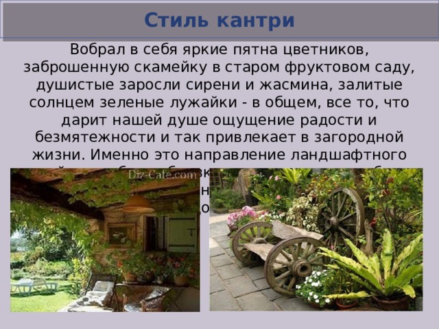 Стиль кантри Вобрал в себя яркие пятна цветников, заброшенную скамейку в старом фруктовом саду, душистые заросли сирени и жасмина, залитые солнцем зеленые лужайки - в общем, все то, что дарит нашей душе ощущение радости и безмятежности и так привлекает в загородной жизни. Именно это направление ландшафтного дизайна наиболее близко менталитету и наиболее приемлемо для большинства наших отечественных садоводов.  
