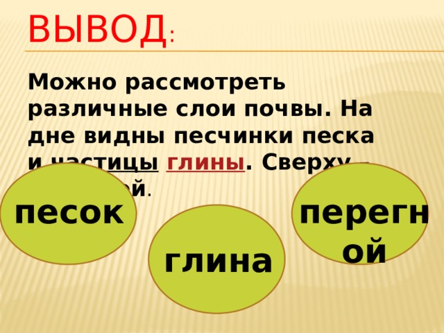 Вывод : Можно рассмотреть различные слои почвы. На дне видны песчинки песка и частицы  глины . Сверху – перегной . песок перегной глина 