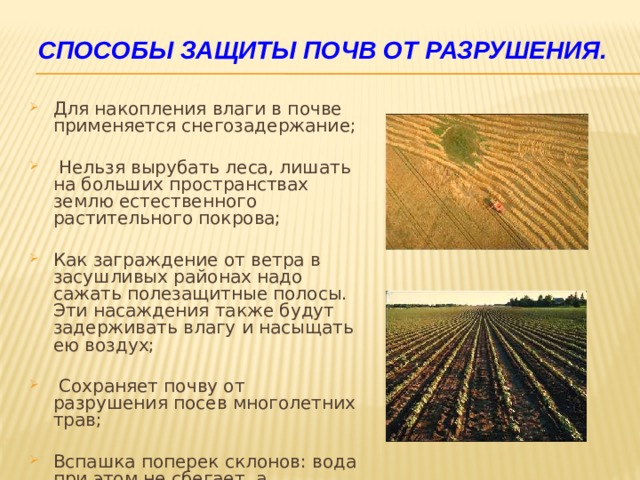 Способы защиты почв от разрушения. Для накопления влаги в почве применяется снегозадержание;  Нельзя вырубать леса, лишать на больших пространствах землю естественного растительного покрова; Как заграждение от ветра в засушливых районах надо сажать полезащитные полосы. Эти насаждения также будут задерживать влагу и насыщать ею воздух;  Сохраняет почву от разрушения посев многолетних трав; Вспашка поперек склонов: вода при этом не сбегает, а впитывается в почву. 