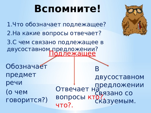 Вспомните! 1.Что обозначает подлежащее? 2.На какие вопросы отвечает? 3.С чем связано подлежащее в двусоставном предложении? Подлежащее Обозначает предмет речи (о чем говорится?) В двусоставном предложении связано со сказуемым. Отвечает на вопросы кто?, что?.