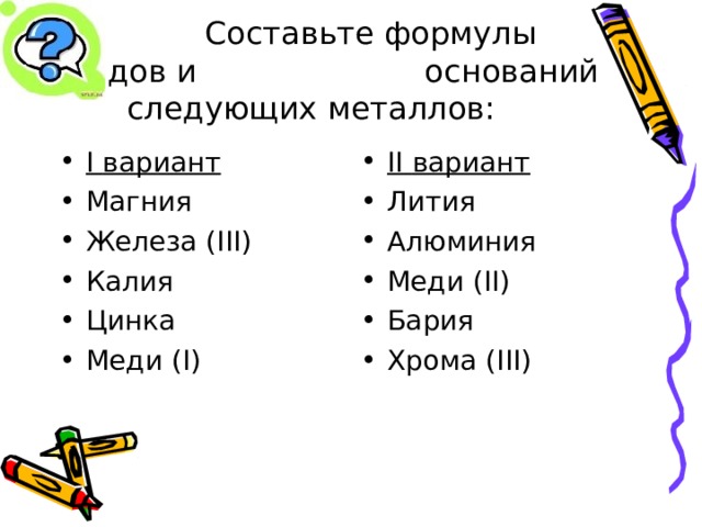  Составьте формулы оксидов и оснований следующих металлов: I вариант Магния Железа ( III) Калия Цинка Меди (I) II вариант Лития Алюминия Меди (II) Бария Хрома ( III) 